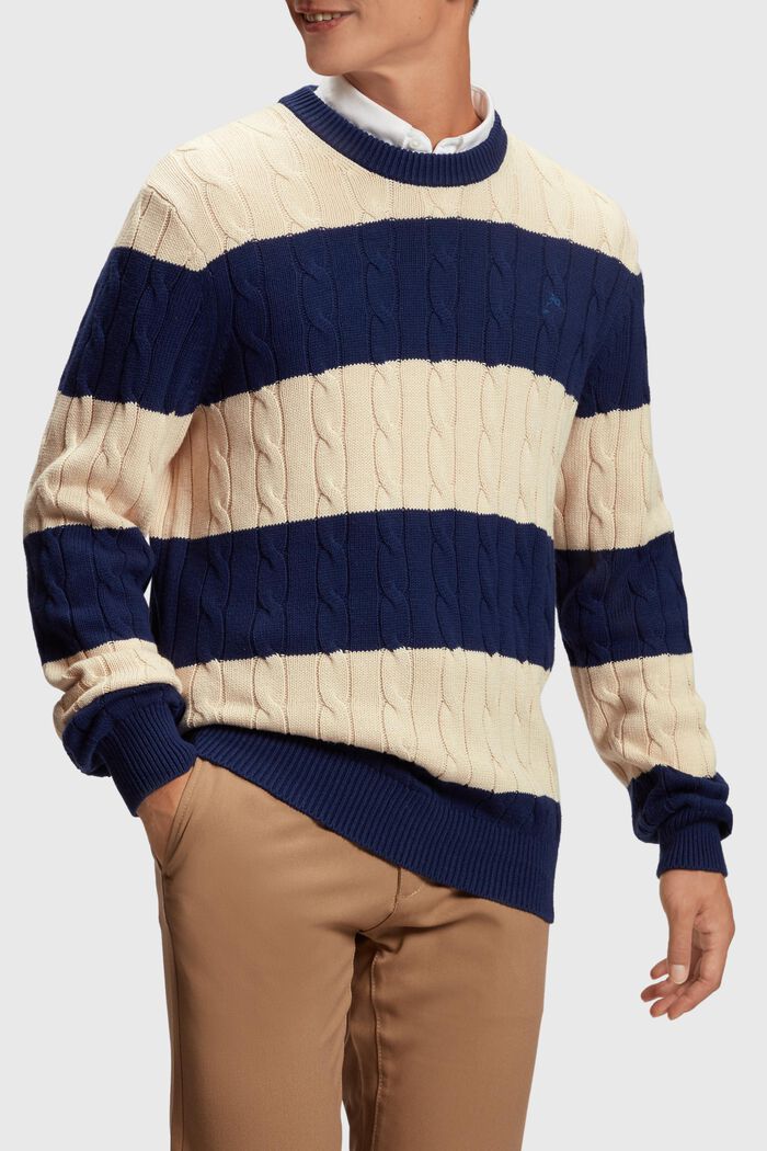 Stribet sweater i kabelstrik, SAND, detail image number 0