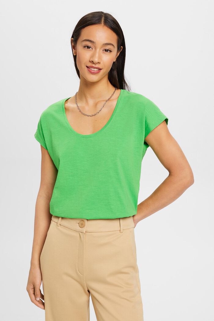 Bomulds-T-shirt med U-hals, GREEN, detail image number 0