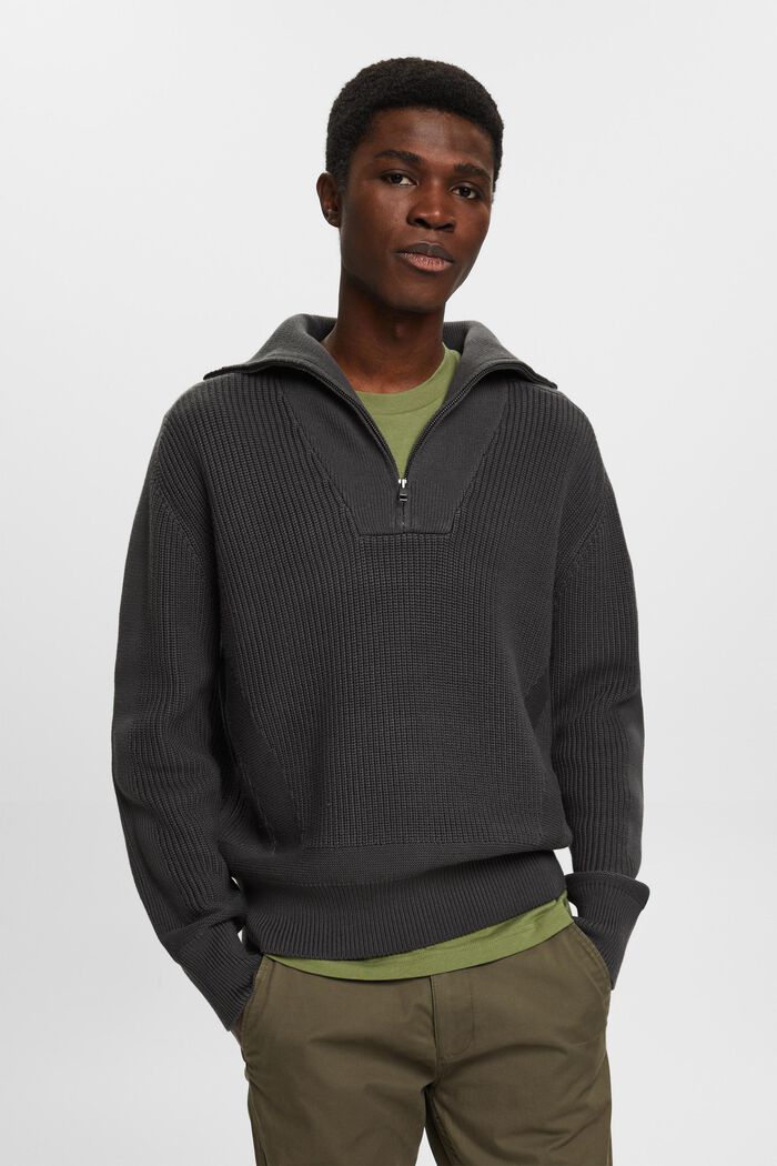 Rullekravesweater med lynlås i halv længde, DARK GREY, detail image number 0