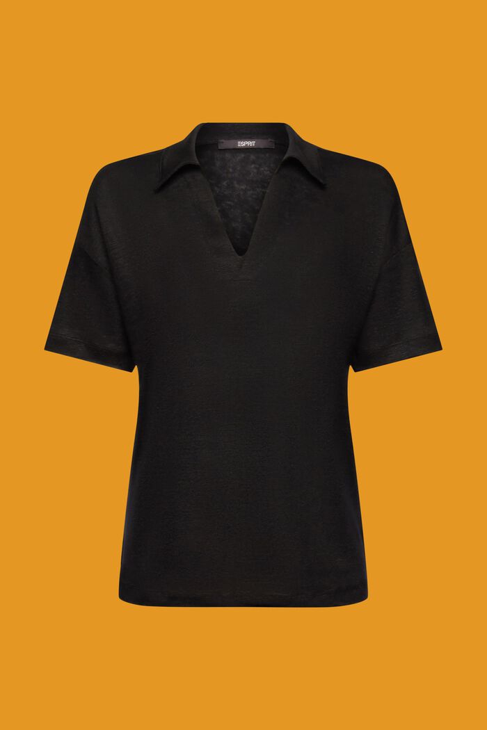T-shirt med polokrave, 100 % hør, BLACK, detail image number 6
