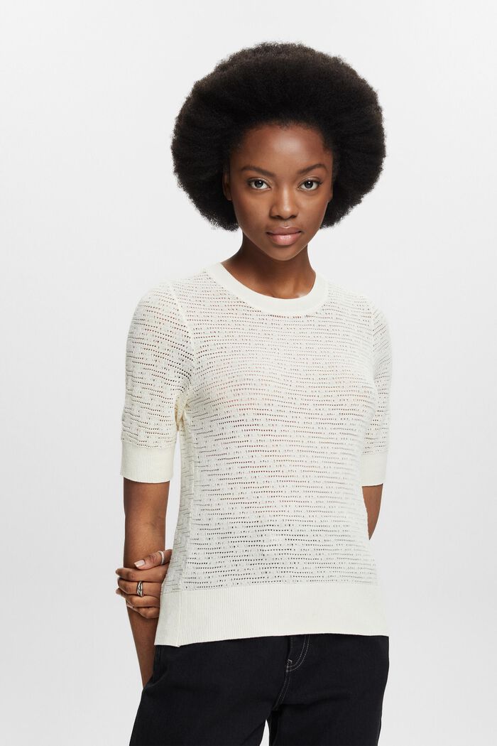 Kortærmet pointelle-sweater, OFF WHITE, detail image number 0