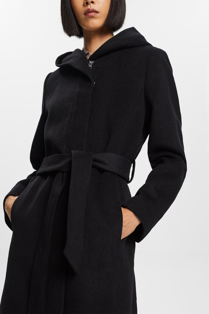 Genanvendt: Frakke i uldmiks med hætte og bælte, BLACK, detail image number 2