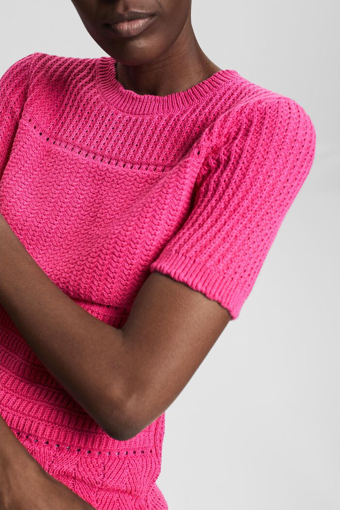 Kortærmet sweater med strikmønster, PINK FUCHSIA, detail image number 2