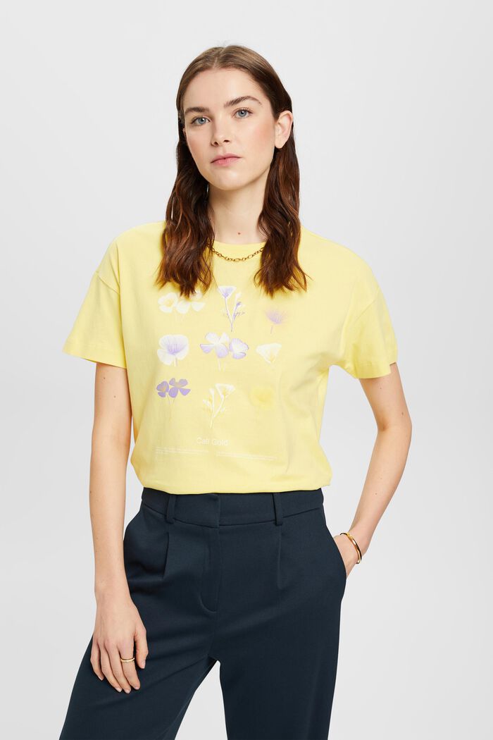 T-shirt med blomsterprint på brystet, LIGHT YELLOW, detail image number 0