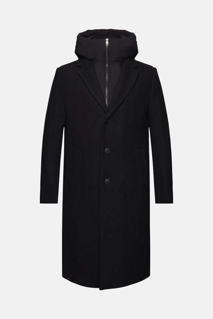 Frakke i uldmiks med aftagelig hætte, BLACK, detail image number 6