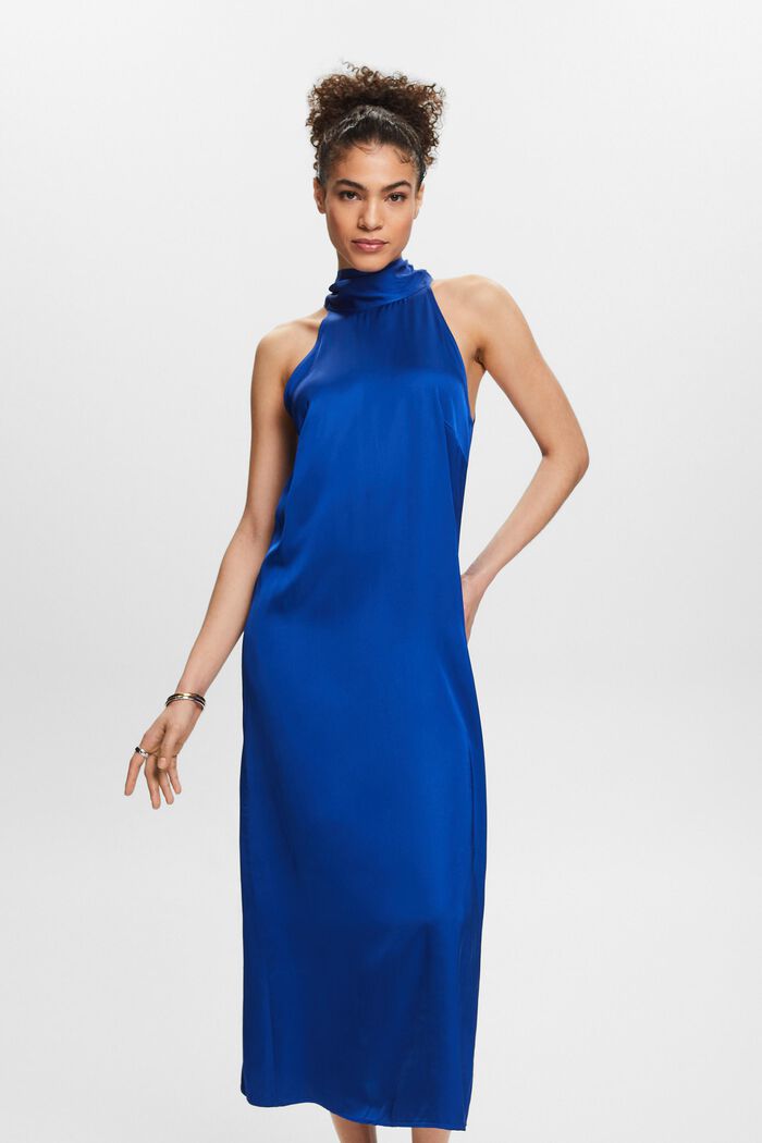 Maxi-kjole i satin med halterneck, BRIGHT BLUE, detail image number 0