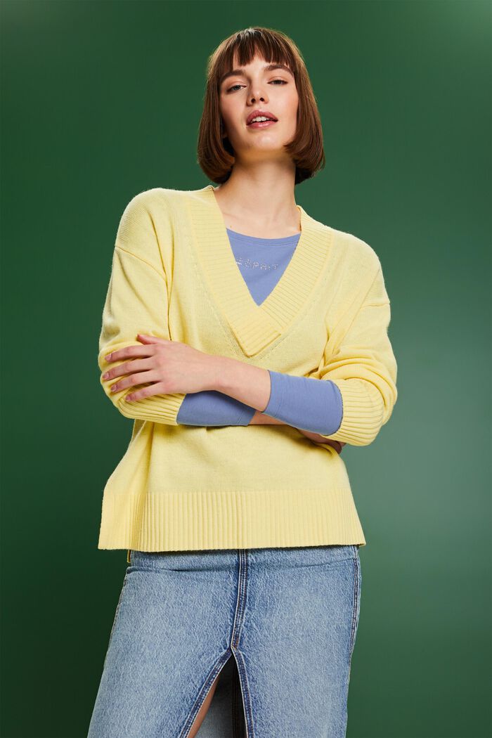 Sweater i uld- og kashmirmiks med V-hals, LIME YELLOW, detail image number 0