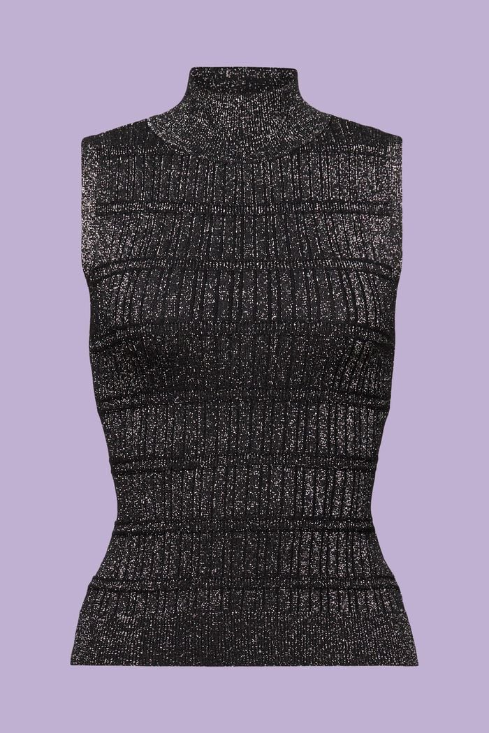 Ærmeløs lamé-sweater med høj hals, BLACK, detail image number 6