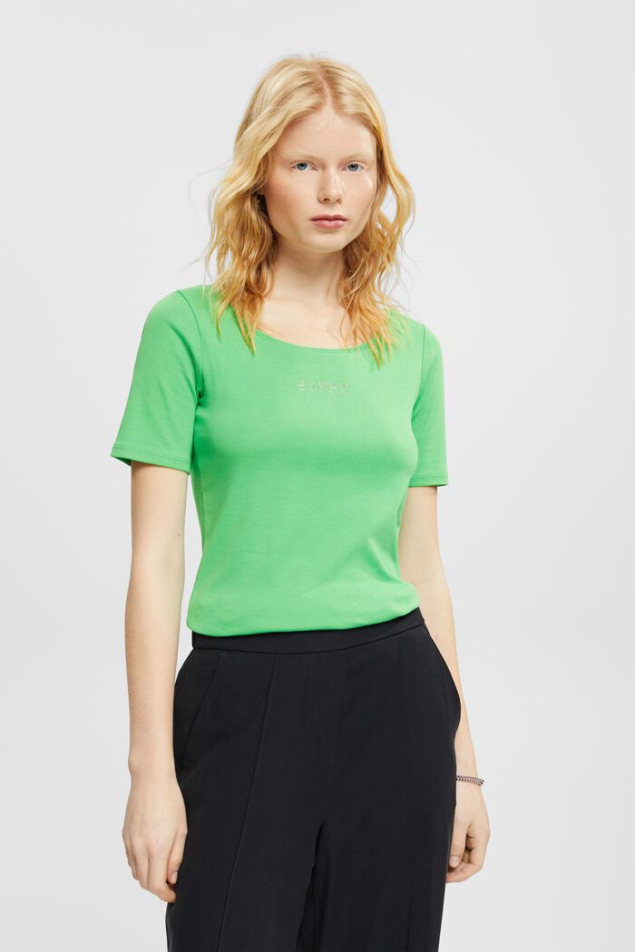 Jersey-T-shirt med applikeret rhinstenslogo, GREEN, detail image number 0