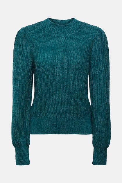 Pullover i uld med pufærmer, TEAL GREEN, overview