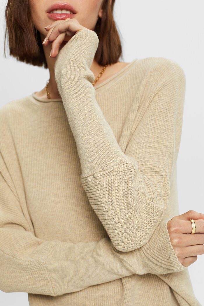 Sweater i ribstrik med flagermusærmer, SAND, detail image number 2