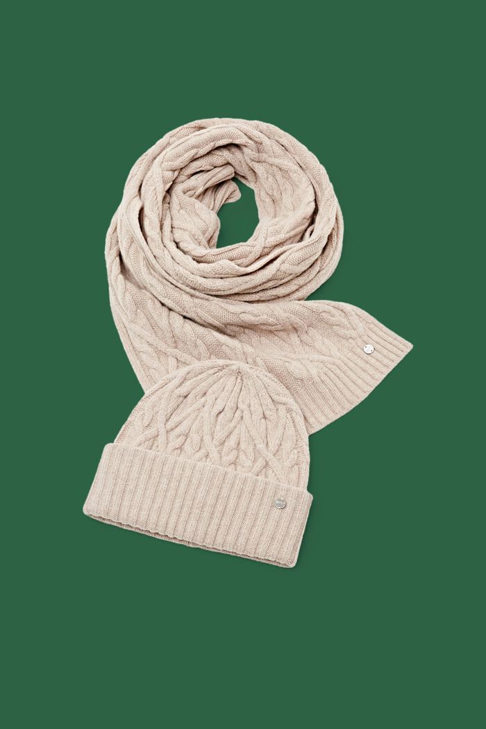 Gavesæt med beanie og halstørklæde i uldmiks, BEIGE, detail image number 0