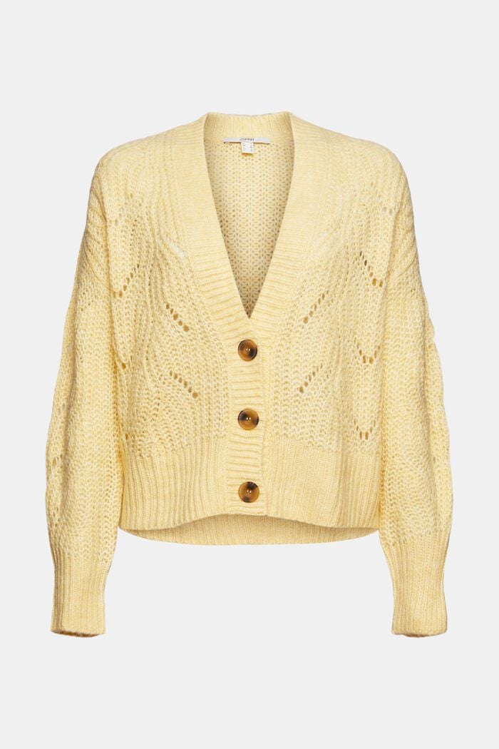 Med uld/alpaka: pointelle-cardigan, PASTEL YELLOW, overview