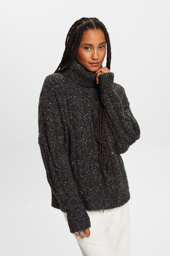 Rullekravesweater i kabelstrik, BLACK, detail image number 0