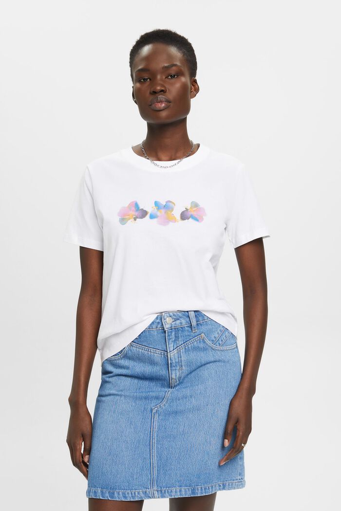 Bomulds-T-shirt med blomsterprint, WHITE, detail image number 0