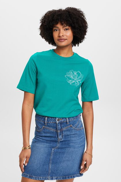 Bomulds-T-shirt med broderet blomst