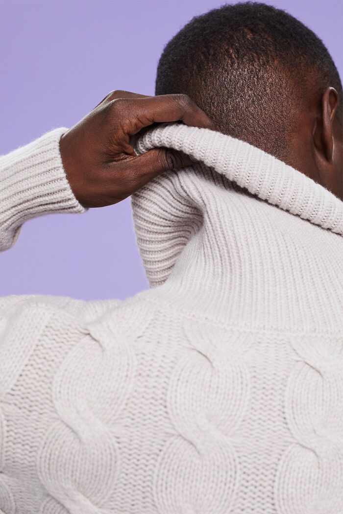 Kabelstrikket sweater i uld med sjalskrave, LIGHT TAUPE, detail image number 3