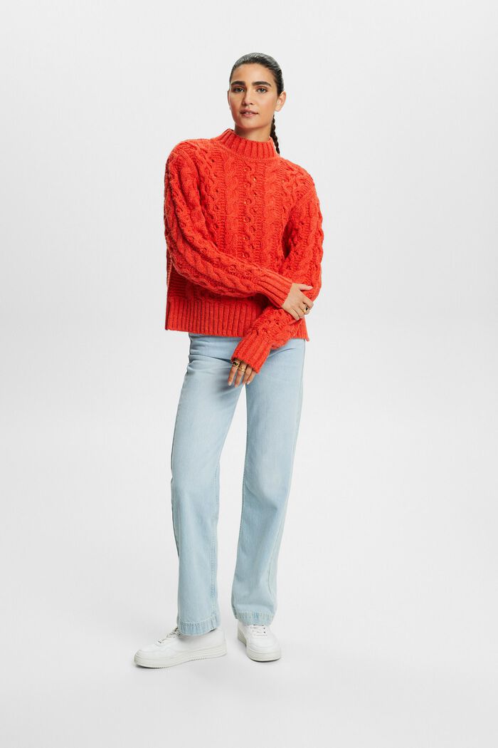 Kabelstrikket sweater i uldmiks, BRIGHT ORANGE, detail image number 0