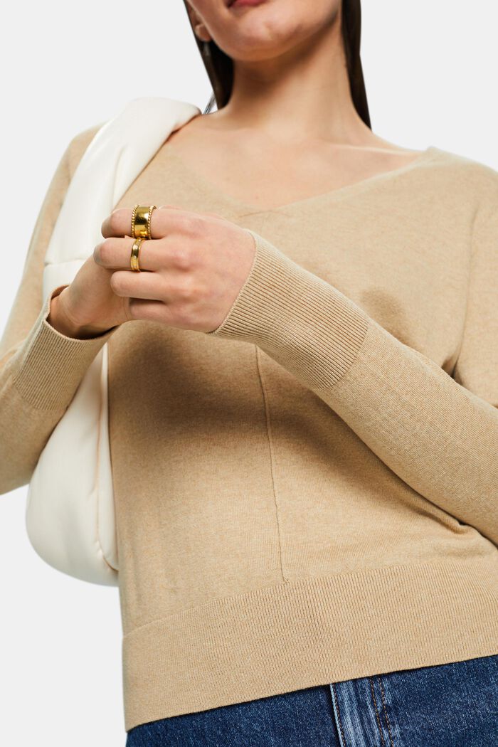 Sweater i bomuld med V-hals, SAND, detail image number 2