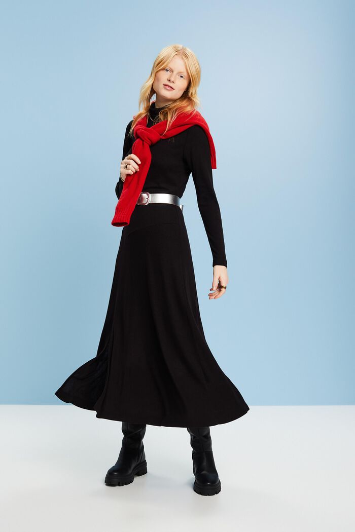 Strikket maxi-kjole med rullekrave, BLACK, detail image number 4