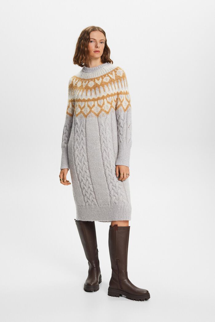 Kabelstrikket sweaterkjole med jacquard-mønster, LIGHT GREY, detail image number 0