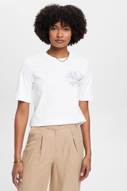 Bomulds-T-shirt med broderet blomst, OFF WHITE, overview