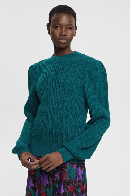 Pullover i uld med pufærmer, TEAL GREEN, overview