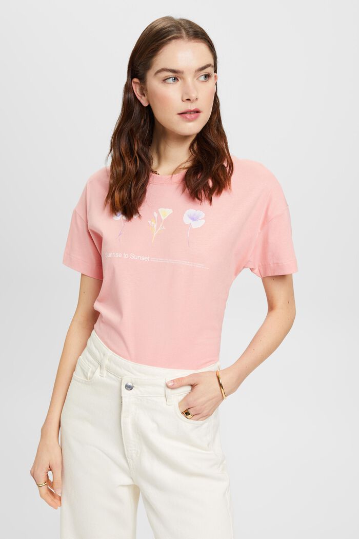 T-shirt med blomsterprint på brystet, PINK, detail image number 0