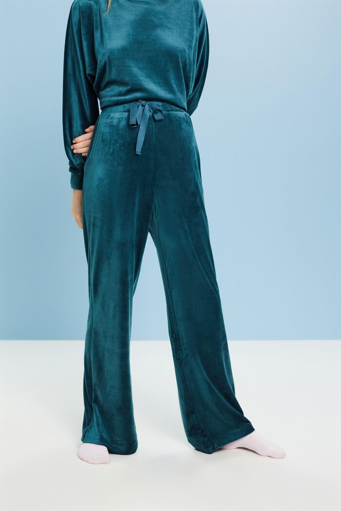 Loungewear-bukser i velour, PETROL BLUE, detail image number 0