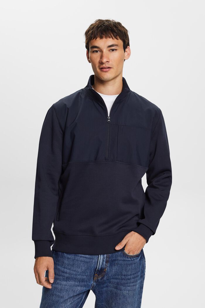 Sweatshirt i materialemiks med halv lynlås, NAVY, detail image number 0