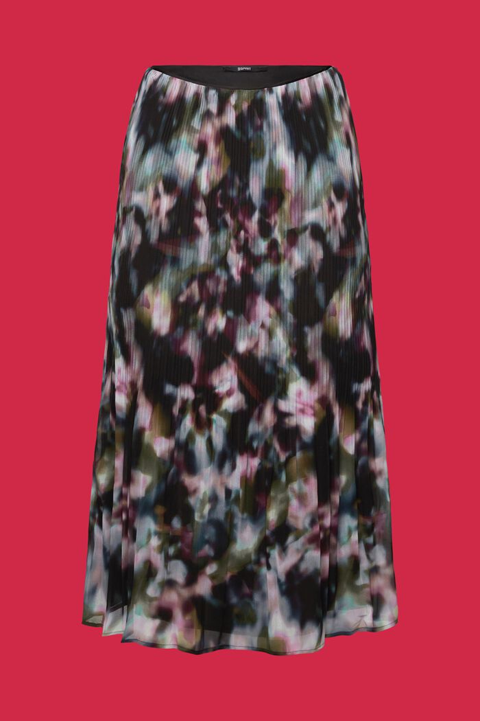 Plisseret chiffon midi-nederdel med print, BLACK, detail image number 5