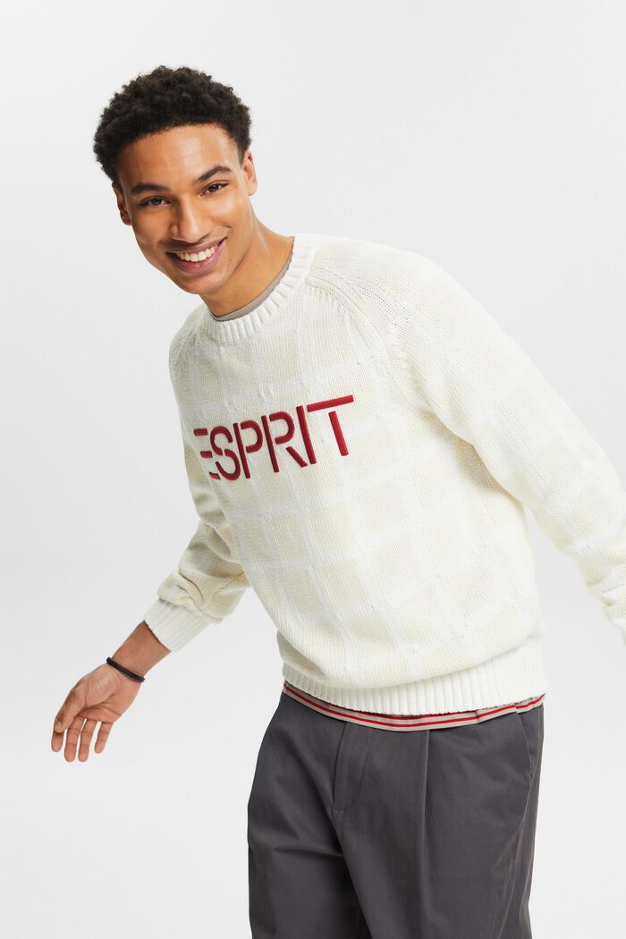 Sweater i chunky strik med logo og gittermønster, WHITE, detail image number 4