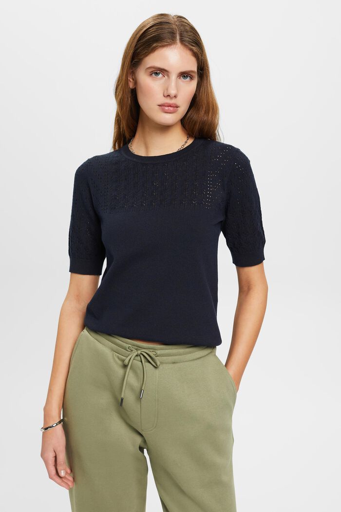 Mouliné-sweater med korte ærmer, NAVY, detail image number 0