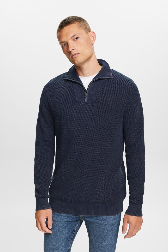 Pullover med halv lynlås, 100 % bomuld, NAVY, detail image number 0