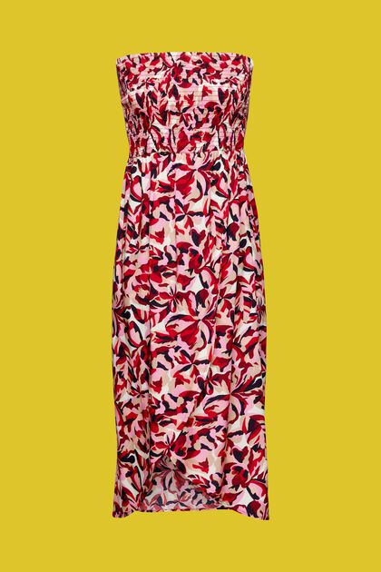 Smocksyet midi-tubekjole med blomstermønster, DARK RED, overview