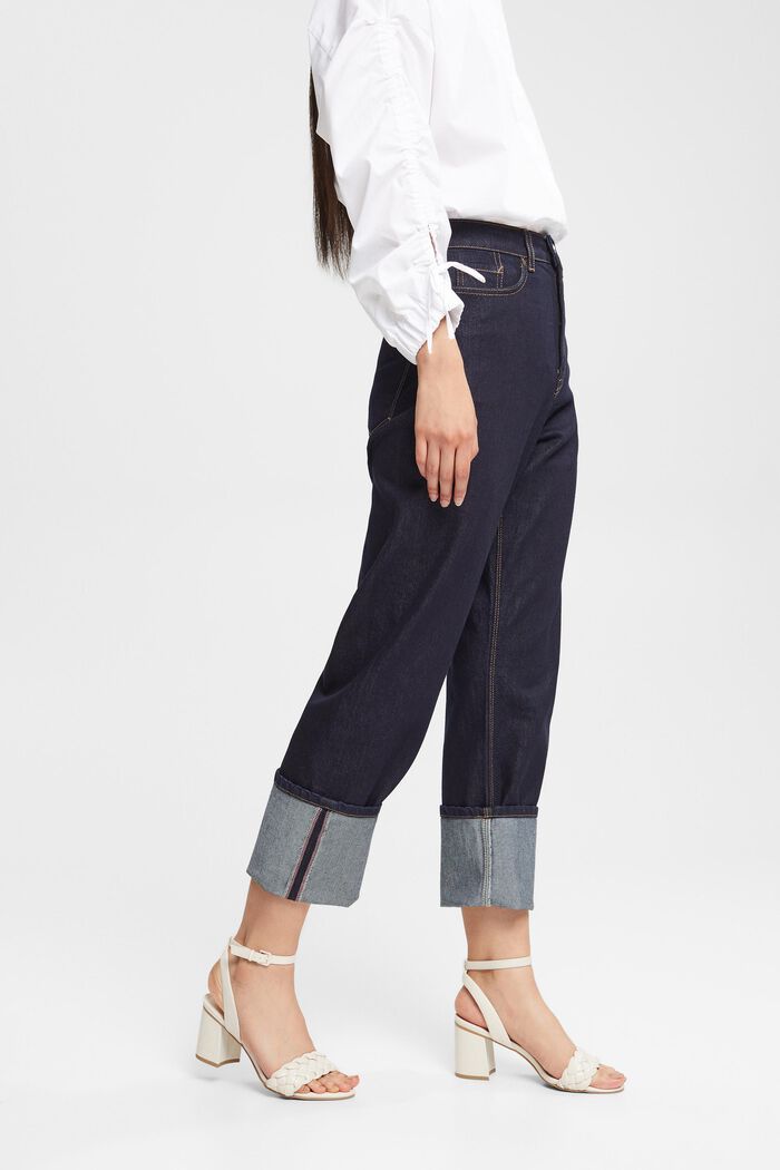 Jeans med lige ben, høj talje og opsmøg, BLUE RINSE, detail image number 1