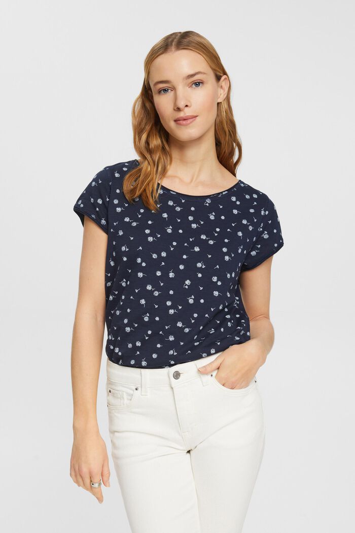 Blomstret T-shirt med rullekanter, NAVY, detail image number 0