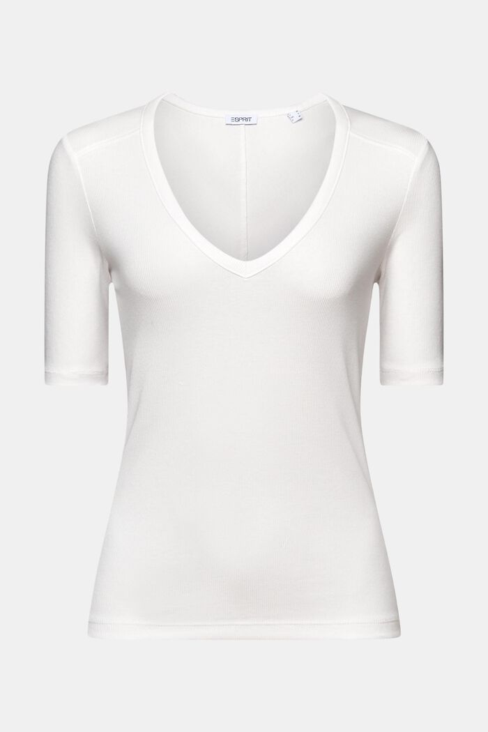 Ribbet T-shirt med V-hals, OFF WHITE, detail image number 6