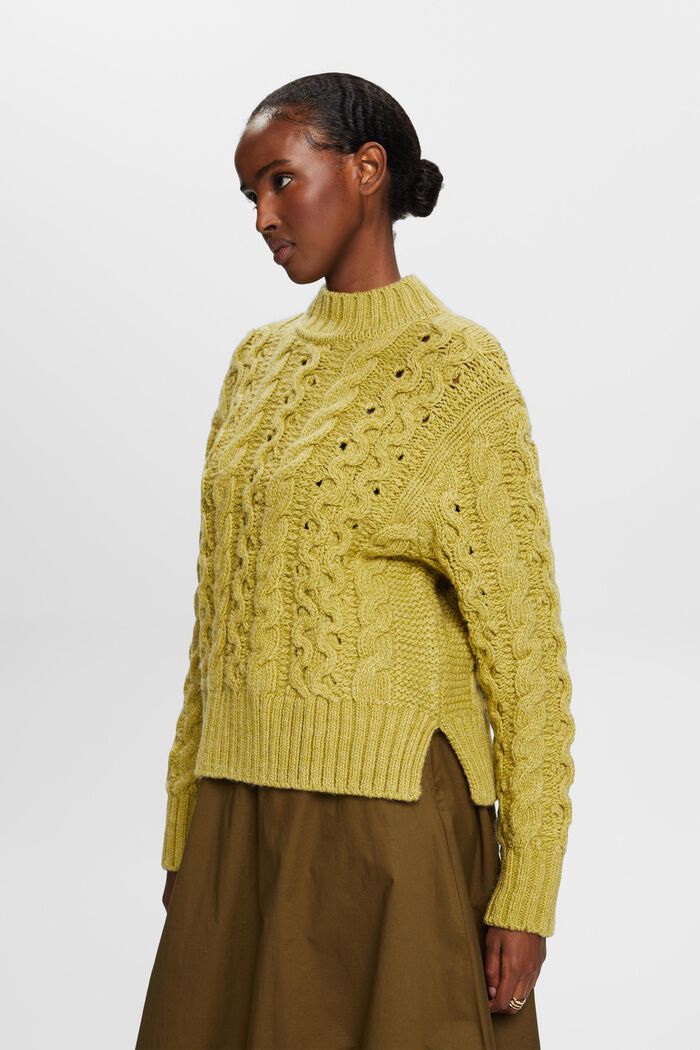 Kabelstrikket sweater i uldmiks, PISTACHIO GREEN, detail image number 2