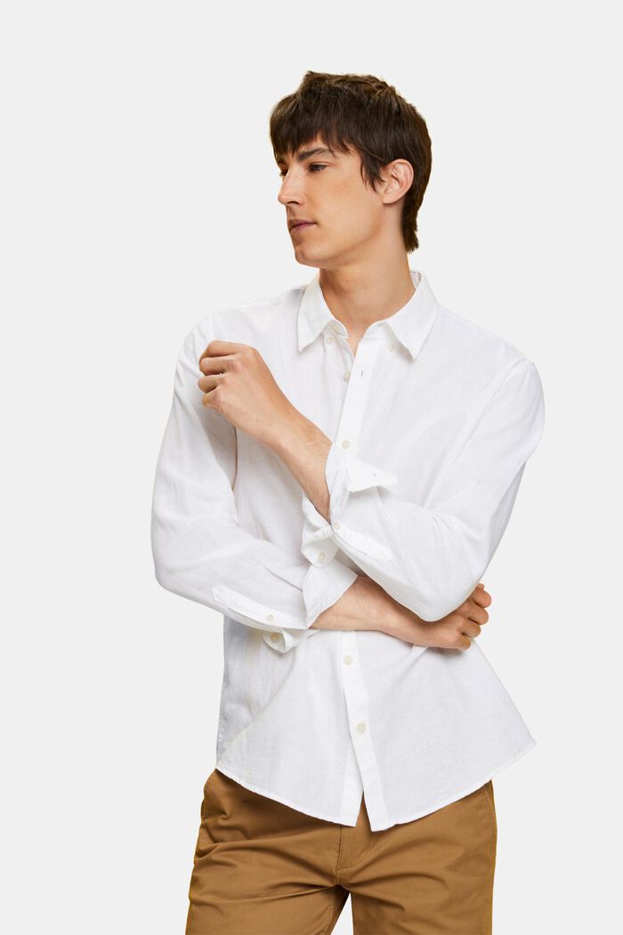 Button down-skjorte i bomulds- og hørmiks, WHITE, detail image number 4