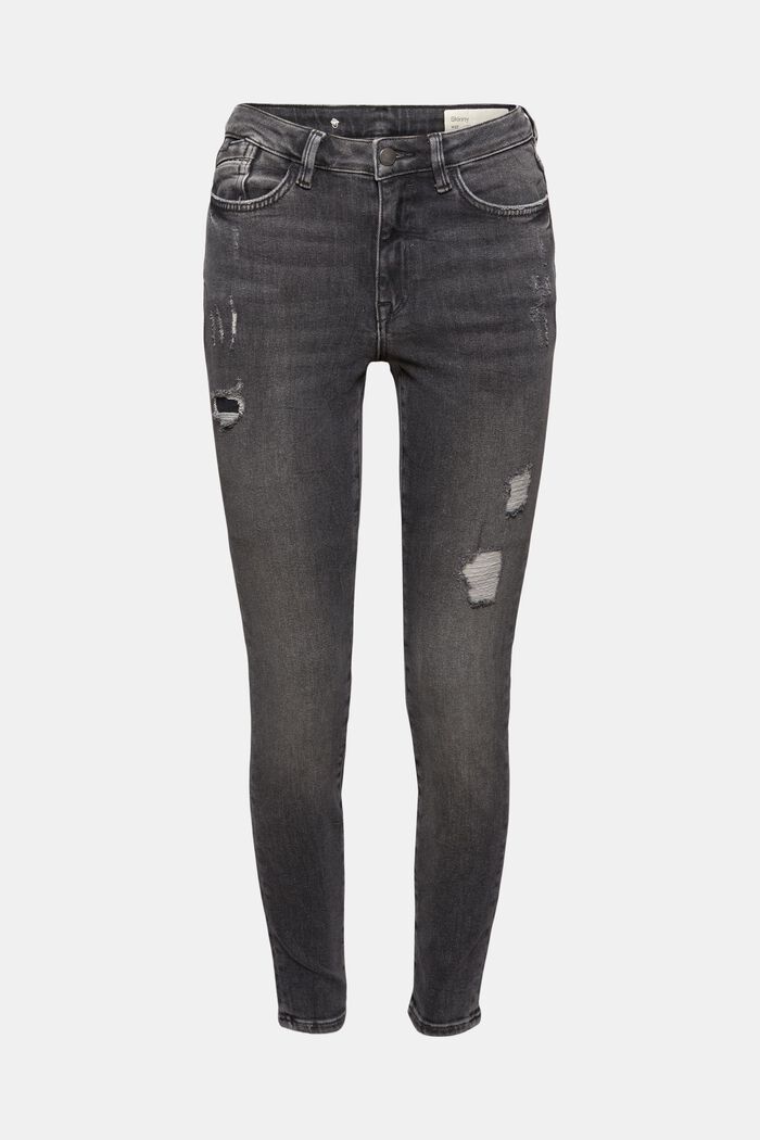 Cropped, used stretch-jeans, økologisk bomuld, BLACK DARK WASHED, overview