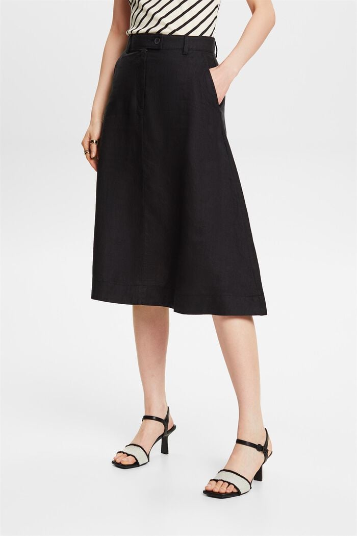 Midi-nederdel med A-facon i hørblanding, BLACK, detail image number 0