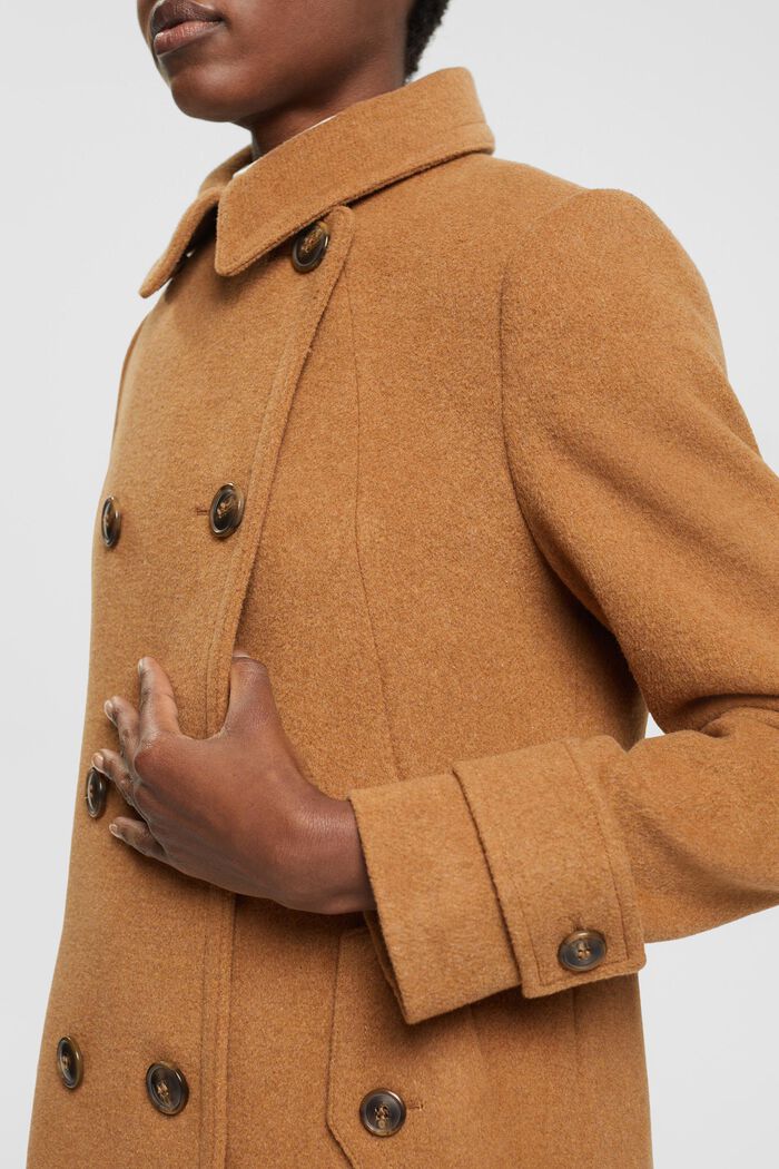 Dobbeltradet frakke i uldblanding, CARAMEL, detail image number 0