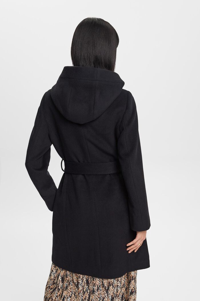 Genanvendt: Frakke i uldmiks med hætte og bælte, BLACK, detail image number 3
