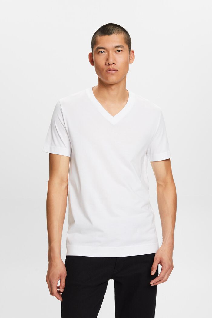 Jersey-T-shirt med V-hals, 100 % bomuld, WHITE, detail image number 0