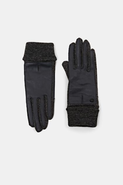 Handsker i læder og strik af uldmiks