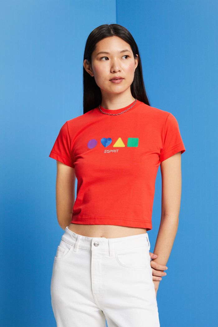 T-shirt i økologisk bomuld med geometrisk print, ORANGE RED, detail image number 0