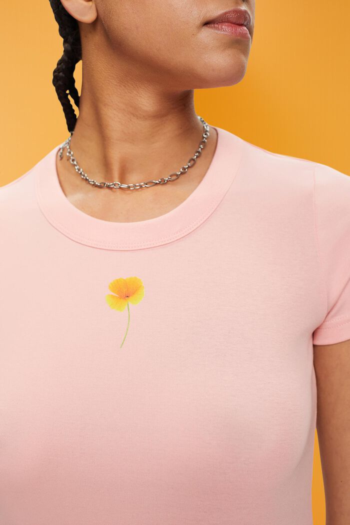 T-shirt med blomsterprint på brystet, PINK, detail image number 2