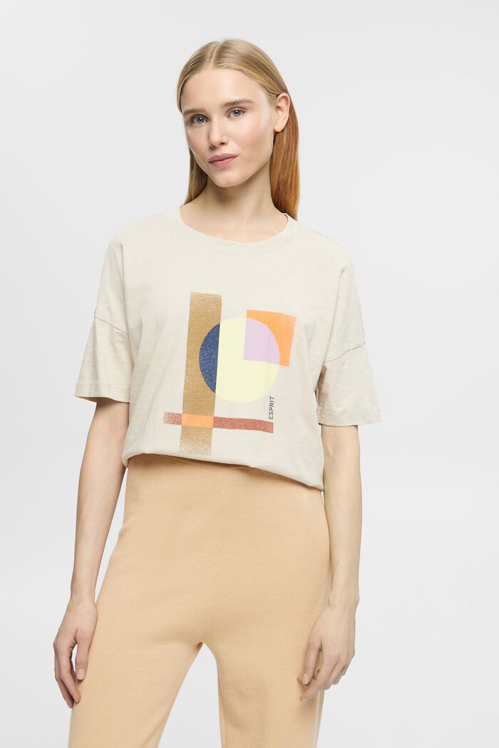 T-shirt i bomuld med geometrisk print, LIGHT TAUPE, detail image number 0