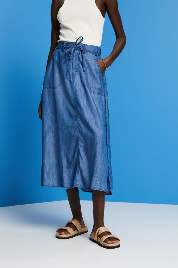 I TENCEL™: Midi-nederdel i denimlook, BLUE MEDIUM WASHED, detail image number 0